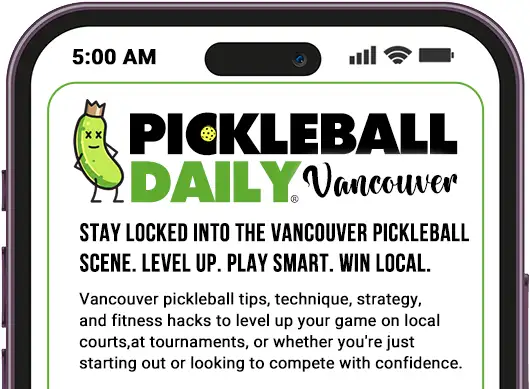 Phone screen displaying the Pickleball Daily Vancouver Newsletter with a fun pickle mascot, promoting local tips, strategy, and court updates.