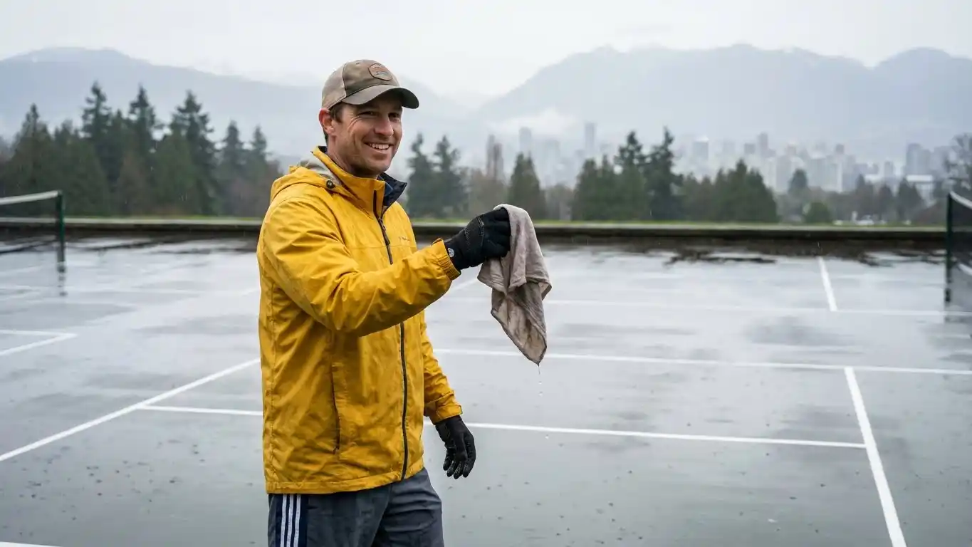 Pickleball player holding a towel on a rain-soaked outdoor court in Vancouver